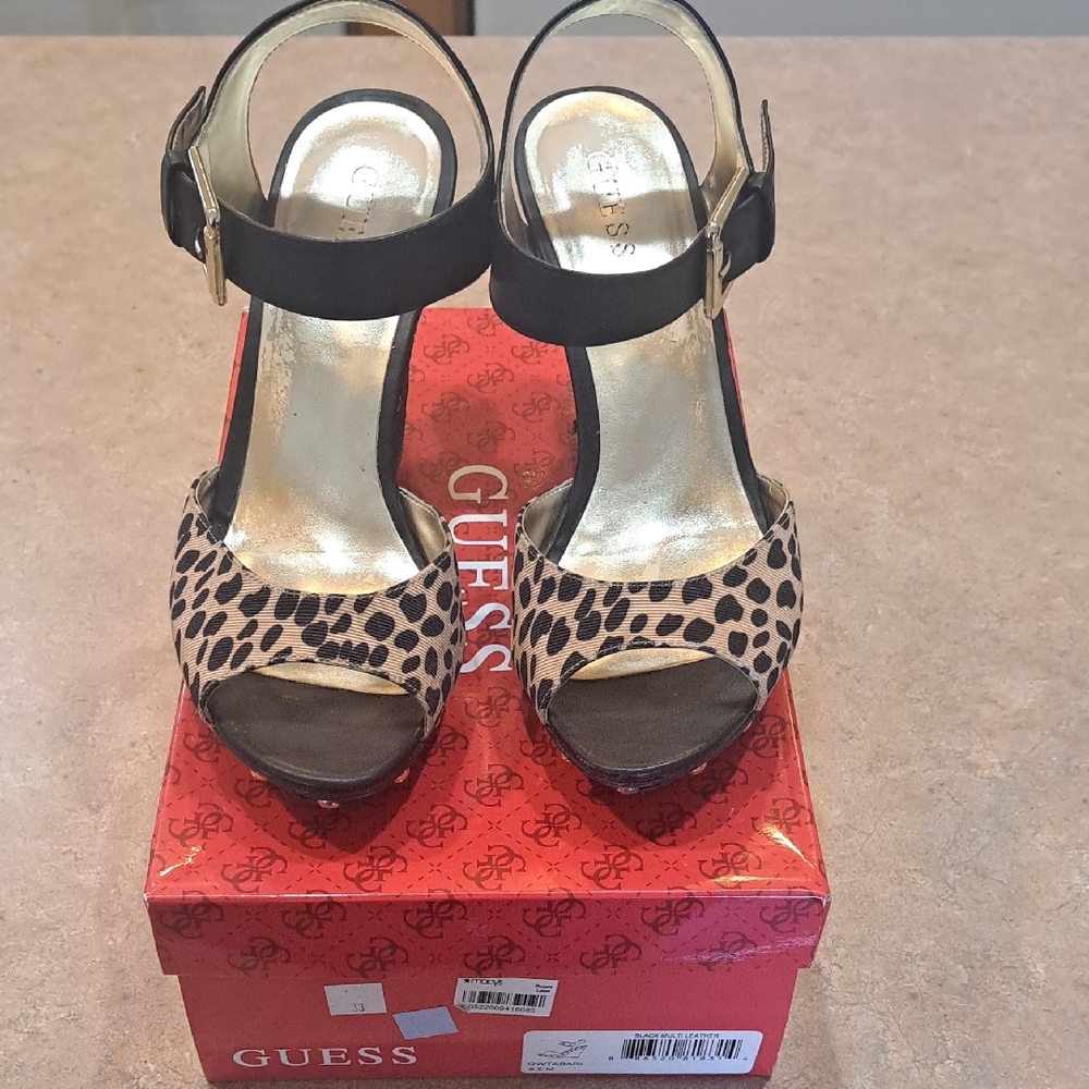 Guess Tabari Black and Leopard Print Wedges